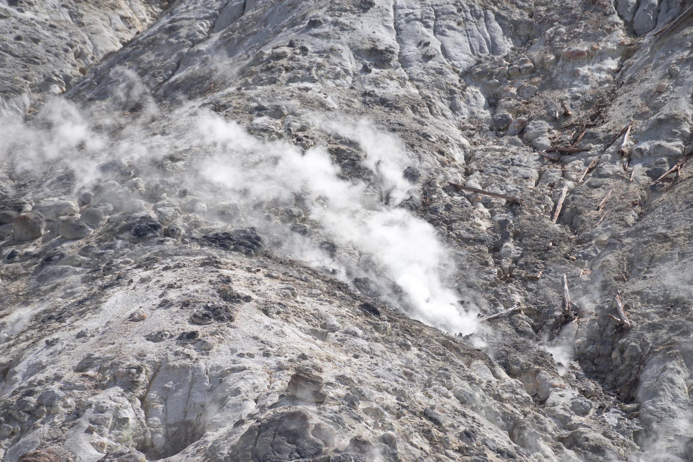 Steam rising from geothermal vents across a pale mineral hillside.